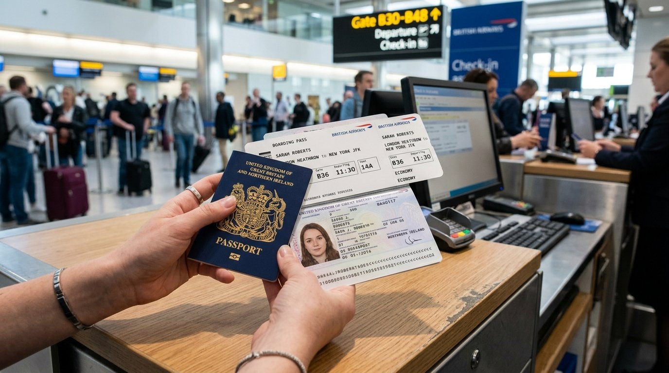 Passenger at Airport Ticket Counter Reviewing Boarding Pass and Government Photo ID