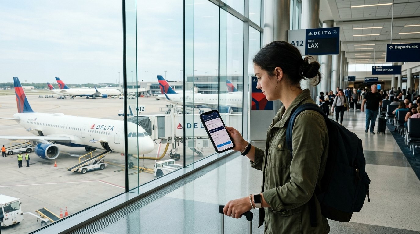 Traveler Checking Delta Fare Options and Mobile Booking App