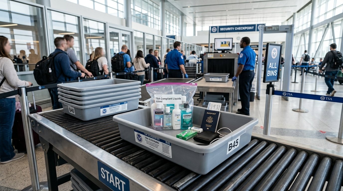 TSA Security Screening Bin with Quart Liquids Bag for Delta Flight