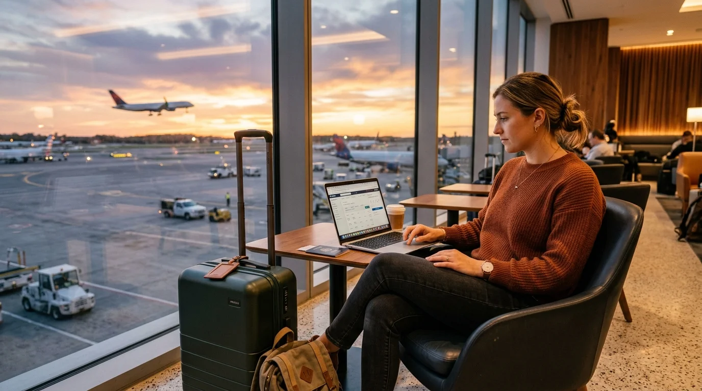 Traveler comparing October flight deals and Halloween airfare discounts