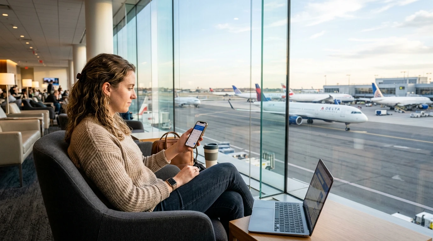 Traveler checking United Airlines flight support and reservation options